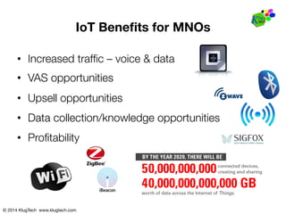 © 2014 KlugTech www.klugtech.com
IoT Beneﬁts for MNOs
•  Increased trafﬁc – voice & data
•  VAS opportunities
•  Upsell opportunities
•  Data collection/knowledge opportunities
•  Proﬁtability
 