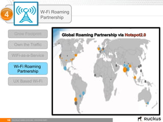 10 RUCKUS WIRELESS INC. PROPRIETARY
Wi-Fi Roaming
Partnership
WiFi-as-a-Service
Grow Footprint
Own the Traffic
4 W-Fi Roaming
Partnership
Core Integration fo
• Authenticating subsc
• Policy decision and
• Charging, deep pack
• End to end QoS
• Session mobility bet
tion for:
ring of users between access
pending on e.g. signal quality and
es just another RAT to improve end
nce
PDN-
GW
WIC
Wi-Fi
GW
AAA HLR PCRF
3GPP RAN
Wi-Fi RAN 3GPP Core
Wi-Fi RAN
Integration
Wi-Fi Core
Integration
UX Based Wi-Fi
 