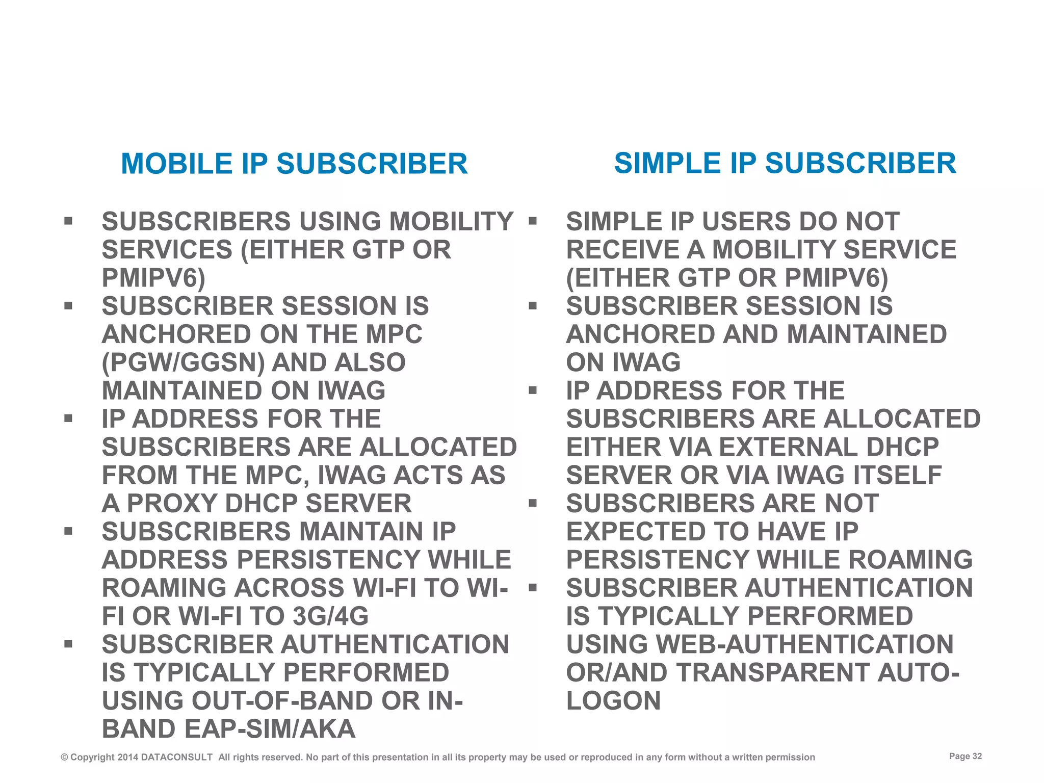 © Copyright 2014 DATACONSULT All rights reserved. No part of this presentation in all its property may be used or reproduced in any form without a written permission Page 32
 SIMPLE IP USERS DO NOT
RECEIVE A MOBILITY SERVICE
(EITHER GTP OR PMIPV6)
 SUBSCRIBER SESSION IS
ANCHORED AND MAINTAINED
ON IWAG
 IP ADDRESS FOR THE
SUBSCRIBERS ARE ALLOCATED
EITHER VIA EXTERNAL DHCP
SERVER OR VIA IWAG ITSELF
 SUBSCRIBERS ARE NOT
EXPECTED TO HAVE IP
PERSISTENCY WHILE ROAMING
 SUBSCRIBER AUTHENTICATION
IS TYPICALLY PERFORMED
USING WEB-AUTHENTICATION
OR/AND TRANSPARENT AUTO-
LOGON
 SUBSCRIBERS USING MOBILITY
SERVICES (EITHER GTP OR
PMIPV6)
 SUBSCRIBER SESSION IS
ANCHORED ON THE MPC
(PGW/GGSN) AND ALSO
MAINTAINED ON IWAG
 IP ADDRESS FOR THE
SUBSCRIBERS ARE ALLOCATED
FROM THE MPC, IWAG ACTS AS
A PROXY DHCP SERVER
 SUBSCRIBERS MAINTAIN IP
ADDRESS PERSISTENCY WHILE
ROAMING ACROSS WI-FI TO WI-
FI OR WI-FI TO 3G/4G
 SUBSCRIBER AUTHENTICATION
IS TYPICALLY PERFORMED
USING OUT-OF-BAND OR IN-
BAND EAP-SIM/AKA
MOBILE IP SUBSCRIBER SIMPLE IP SUBSCRIBER
 