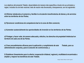 Los objetivos del presente Tratado, desarrollados de manera más específica a través de sus principios y
reglas, incluidos los de trato nacional, trato de nación más favorecida y transparencia, son los siguientes:
A) Eliminar obstáculos al comercio y facilitar la circulación transfronteriza de bienes y de servicios
entre los territorios de las Partes;
b) Ppromover condiciones de competencia leal en la zona de libre comercio;
c) Aumentar sustancialmente las oportunidades de inversión en los territorios de las Partes;
d) Proteger y hacer valer, de manera adecuada y efectiva, los derechos de propiedad intelectual en
territorio de cada una de las Partes.
e) Crear procedimientos eficaces para la aplicación y cumplimiento de este Tratado, para su
administración conjunta y para la solución de controversias; y
f) Establecer lineamientos para la ulterior cooperación trilateral, regional y multilateral encaminada a
ampliar y mejorar los beneficios de este Tratado.
Integró: Rafael Alfonso Carrillo Aguilar
 