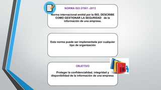 NORMA ISO 27001 -2013
Norma internacional emitid por la ISO, DESCRIBE
COMO GESTIONAR LA SEGURIDAD de la
información de una empresa.
Esta norma puede ser implementada por cualquier
tipo de organización
OBJETIVO
Proteger la confidencialidad, integridad y
disponibilidad de la información de una empresa.
 