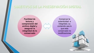 Imagen tomada de www.google.com.co
Facilidad de
lectura y
comprensión del
archivo digital y
asegurar la
integridad de lo
conservado
Conservar la
autenticidad e
integridad, su
contenido sea lo
que esta
conservado no
modificaciones
 