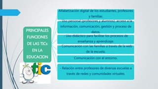 PRINCIPALES
FUNCIONES
DE LAS TICs
EN LA
EDUCACION
Alfabetización digital de los estudiantes, profesores
y familias.
- Uso personal (profesores y alumnos): acceso a la
información, comunicación, gestión y proceso de
datos.
- Uso didáctico para facilitar los procesos de
enseñanza y aprendizaje.
- Comunicación con las familias a través de la web
de la escuela.
Comunicación con el entorno.
- Relación entre profesores de diversas escuelas a
través de redes y comunidades virtuales.
 