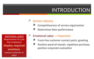 INTRODUCTION
 Service industry
 Competitiveness of service organization
 Determines their performance
 Emotional Labor -> Important
 Front-line customer contact point, greeting
 Positive word-of-mouth, repetitive purchase,
positive corporate evaluation
EMOTIONAL LABOR
Requirement of a job
that employees
display required
emotions
toward customer or
other
EMOTIONAL LABOR
Requirement of a job
that employees
display required
emotions
toward customer or
other
 