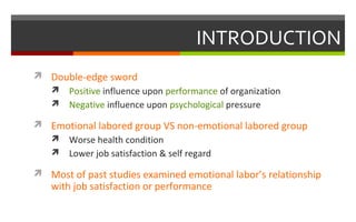 INTRODUCTION
 Double-edge sword
 Positive influence upon performance of organization
 Negative influence upon psychological pressure
 Emotional labored group VS non-emotional labored group
 Worse health condition
 Lower job satisfaction & self regard
 Most of past studies examined emotional labor’s relationship
with job satisfaction or performance
 