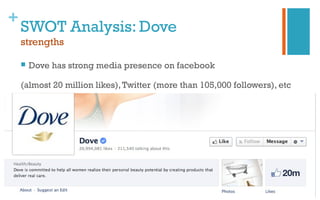 +
SWOT Analysis: Dove
strengths
 Dove has strong media presence on facebook
(almost 20 million likes),Twitter (more than 105,000 followers), etc
 