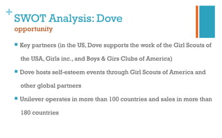 +
SWOT Analysis: Dove
opportunity
 Key partners (in the US, Dove supports the work of the Girl Scouts of
the USA, Girls inc., and Boys & Girs Clubs of America)
 Dove hosts self-esteem events through Girl Scouts of America and
other global partners
 Unilever operates in more than 100 countries and sales in more than
180 countries
 