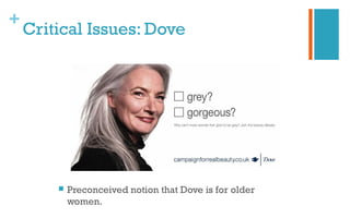 +
Critical Issues: Dove
 Preconceived notion that Dove is for older
women.
 