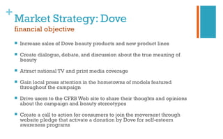 +
Market Strategy: Dove
financial objective
 Increase sales of Dove beauty products and new product lines
 Create dialogue, debate, and discussion about the true meaning of
beauty
 Attract national TV and print media coverage
 Gain local press attention in the hometowns of models featured
throughout the campaign
 Drive users to the CFRB Web site to share their thoughts and opinions
about the campaign and beauty stereotypes
 Create a call to action for consumers to join the movement through
website pledge that activate a donation by Dove for self-esteem
awareness programs
 