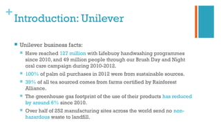 +
Introduction: Unilever
 Unilever business facts:
 Have reached 127 million with Lifebuoy handwashing programmes
since 2010, and 49 million people through our Brush Day and Night
oral care campaign during 2010-2012.
 100% of palm oil purchases in 2012 were from sustainable sources.
 39% of all tea sourced comes from farms certified by Rainforest
Alliance.
 The greenhouse gas footprint of the use of their products has reduced
by around 6% since 2010.
 Over half of 252 manufacturing sites across the world send no non-
hazardous waste to landfill.
 