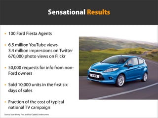 Sensational Results

• 100 Ford Fiesta Agents
• 6.5 million YouTube views
    3.4 million impressions on Twitter
    670,0...
