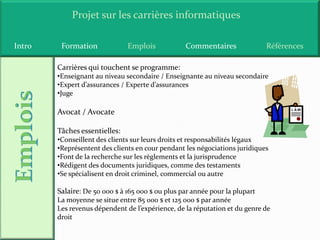 Projet sur les carrières informatiques

Intro    Formation             Emplois            Commentaires               Références

        Carrières qui touchent se programme:
        •Enseignant au niveau secondaire / Enseignante au niveau secondaire
        •Expert d’assurances / Experte d’assurances
        •Juge

        Avocat / Avocate

        Tâches essentielles:
        •Conseillent des clients sur leurs droits et responsabilités légaux
        •Représentent des clients en cour pendant les négociations juridiques
        •Font de la recherche sur les règlements et la jurisprudence
        •Rédigent des documents juridiques, comme des testaments
        •Se spécialisent en droit criminel, commercial ou autre

        Salaire: De 50 000 $ à 165 000 $ ou plus par année pour la plupart
        La moyenne se situe entre 85 000 $ et 125 000 $ par année
        Les revenus dépendent de l’expérience, de la réputation et du genre de
        droit
 