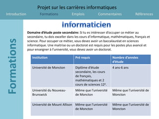 Projet sur les carrières informatiques
Introduction           Formations             Emplois           Commentaires              Références



               Domaine d’étude poste secondaire: Si tu es intéresser d’occuper ce métier au
               secondaire, tu dois exceller dans les cours d’informatique, mathématiques, français et
               science. Pour occuper ce métier, vous devez avoir un baccalauréat en sciences
               informatique. Une maitrise ou un doctorat est requis pour les postes plus avancé et
               pour enseigner à l’université, vous devez avoir un doctorat.

                  Institution                   Pré requis                Nombre d’années
                                                                          d’étude
                  Université de Moncton         Diplôme d’étude           4 ans-6 ans
                                                secondaire, les cours
                                                de français,
                                                mathématiques et 2
                                                cours de sciences 12e.
                  Université du Nouveau-        Même que l’université     Même que l’université de
                  Brunswick                     de Moncton                Moncton

                  Université de Mount Allison Même que l’université       Même que l’université de
                                              de Moncton                  Moncton
 