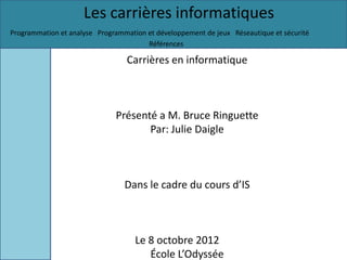 Les carrières informatiques
Programmation et analyse Programmation et développement de jeux Réseautique et sécurité
                                       Références

                                 Carrières en informatique



                              Présenté a M. Bruce Ringuette
                                     Par: Julie Daigle



                                 Dans le cadre du cours d’IS



                                    Le 8 octobre 2012
                                       École L’Odyssée
 