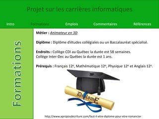 Projet sur les carrières informatiques
Intro Formations Emplois Commentaires Références
Métier : Animateur en 3D
Diplôme : Diplôme d’études collégiales ou un Baccalauréat spécialisé.
Endroits : Collège CDI au Québec la durée est 58 semaines.
Collège Inter-Dec au Québec la durée est 1 ans.
Prérequis : Français 12e, Mathématique 12e, Physique 12e et Anglais 12e.
http://www.aproposdecriture.com/faut-il-etre-diplome-pour-etre-romancier
 