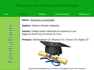Projet sur les carrières informatiques
Intro Formations Emplois Commentaires Références
Métier : Technicien en multimédia
Diplôme : Diplôme d’études collégiales.
Endroits : Collège lasalle à Montréal et la durée est 1 ans.
Cégep de Sainte-Foy et la durée est 3 ans.
Prérequis : Mathématique 12e, Physique 12e, Français 12e, Anglais 12e.
http://www.aproposdecriture.com/faut-il-etre-diplome-pour-etre-romancier
 