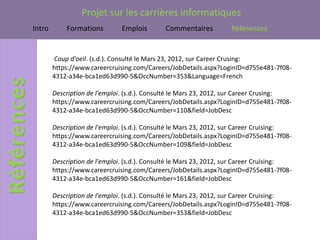 Projet sur les carrières informatiques
Intro       Formations         Emplois       Commentaires          Références


        Coup d'oeil. (s.d.). Consulté le Mars 23, 2012, sur Career Crusing:
        https://www.careercruising.com/Careers/JobDetails.aspx?LoginID=d755e481-7f08-
        4312-a34e-bca1ed63d990-5&OccNumber=353&Language=French

        Description de l'emploi. (s.d.). Consulté le Mars 23, 2012, sur Career Crusing:
        https://www.careercruising.com/Careers/JobDetails.aspx?LoginID=d755e481-7f08-
        4312-a34e-bca1ed63d990-5&OccNumber=110&field=JobDesc

        Description de l'emploi. (s.d.). Consulté le Mars 23, 2012, sur Career Cruising:
        https://www.careercruising.com/Careers/JobDetails.aspx?LoginID=d755e481-7f08-
        4312-a34e-bca1ed63d990-5&OccNumber=109&field=JobDesc

        Description de l'emploi. (s.d.). Consulté le Mars 23, 2012, sur Career Cruising:
        https://www.careercruising.com/Careers/JobDetails.aspx?LoginID=d755e481-7f08-
        4312-a34e-bca1ed63d990-5&OccNumber=161&field=JobDesc

        Description de l'emploi. (s.d.). Consulté le Mars 23, 2012, sur Career Cruising:
        https://www.careercruising.com/Careers/JobDetails.aspx?LoginID=d755e481-7f08-
        4312-a34e-bca1ed63d990-5&OccNumber=353&field=JobDesc
 