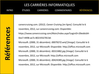 LES CARRIÈRES INFORMATIQUES
INTRO      ÉTUDES          CARRIÈRES         COMMENTAIRES             RÉFÉRENCES




        careercruising.com. (2012). Career Cruising [en ligne]. Consulté le 6
        novembre, 2012, sur careercruising.com: Disponible:
        https://www.careercruising.com/Main/Index.aspx?LoginID=20eddc64-
        0ee7-4498-ae7c-80219327813d-
        Microsoft. (2000, 31 décembre). 00079272.wmf [Image]. Consulté le 6
        novembre, 2012, sur Microsoft: Disponible: http://office.microsoft.com
        Microsoft. (2000, 31 décembre). 00315882.jpg [Image]. Consulté le 6
        novembre, 2012, sur Microsoft: http://office.microsoft.com
        Microsoft. (2000, 31 décembre). 00424389.jpg [Image]. Consulté le 6
        novembre, 2012, sur Microsoft: Disponible: http://office.microsoft.com
 