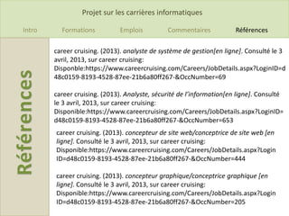 Projet sur les carrières informatiques

Intro     Formations          Emplois          Commentaires            Références

        career cruising. (2013). analyste de système de gestion[en ligne]. Consulté le 3
        avril, 2013, sur career cruising:
        Disponble:https://www.careercruising.com/Careers/JobDetails.aspx?LoginID=d
        48c0159-8193-4528-87ee-21b6a80ff267-&OccNumber=69

        career cruising. (2013). Analyste, sécurité de l’information[en ligne]. Consulté
        le 3 avril, 2013, sur career cruising:
        Disponible:https://www.careercruising.com/Careers/JobDetails.aspx?LoginID=
        d48c0159-8193-4528-87ee-21b6a80ff267-&OccNumber=653
        career cruising. (2013). concepteur de site web/conceptrice de site web [en
        ligne]. Consulté le 3 avril, 2013, sur career cruising:
        Disponible:https://www.careercruising.com/Careers/JobDetails.aspx?Login
        ID=d48c0159-8193-4528-87ee-21b6a80ff267-&OccNumber=444

        career cruising. (2013). concepteur graphique/conceptrice graphique [en
        ligne]. Consulté le 3 avril, 2013, sur career cruising:
        Disponible:https://www.careercruising.com/Careers/JobDetails.aspx?Login
        ID=d48c0159-8193-4528-87ee-21b6a80ff267-&OccNumber=205
 