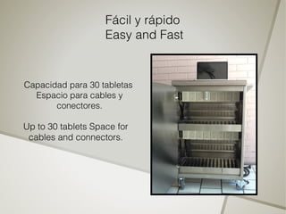 Fácil y rápido
                    Easy and Fast


Capacidad para 30 tabletas
  Espacio para cables y
       conectores.

Up to 30 tablets Space for
 cables and connectors.
 