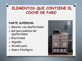 ELEMENTOS QUE CONTIENE EL
COCHE DE PARO
PARTE SUPERIOR:
o Monitor con desfibrilador
o Gel para paletas del
desfibrilador
o Electrodos
o Algodón
o Alcohol puro
o Suero fisiológico
 