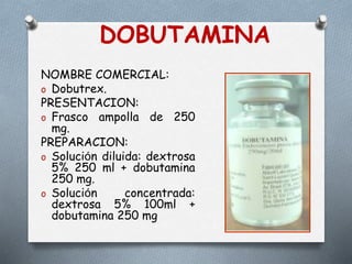 DOBUTAMINA
NOMBRE COMERCIAL:
o Dobutrex.
PRESENTACION:
o Frasco ampolla de 250
mg.
PREPARACION:
o Solución diluida: dextrosa
5% 250 ml + dobutamina
250 mg.
o Solución concentrada:
dextrosa 5% 100ml +
dobutamina 250 mg
 