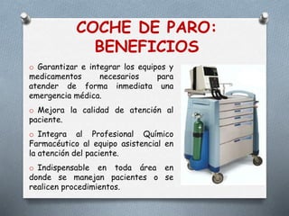 COCHE DE PARO:
BENEFICIOS
o Garantizar e integrar los equipos y
medicamentos necesarios para
atender de forma inmediata una
emergencia médica.
o Mejora la calidad de atención al
paciente.
o Integra al Profesional Químico
Farmacéutico al equipo asistencial en
la atención del paciente.
o Indispensable en toda área en
donde se manejan pacientes o se
realicen procedimientos.
 