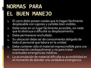 NORMAS PARA EL BUEN MANEJOEl carro debe poseer ruedas que lo hagan fácilmente desplazable con cajones y carteles bien visibles.Debe estar en un lugar fácilmente accesible, sin nada que lo obstruya o dificulte su desplazamiento.Debe permanecer enchufado.Su ubicación debe ser de conocimiento obligado de todo el personal que labora en la unidad.Debe contener sólo el material imprescindible para una reanimación cardiopulmonar y no para tratar eventuales emergencias médicas. La acumulación de material dificulta su accesibilidad en el momento de atender una verdadera emergencia.