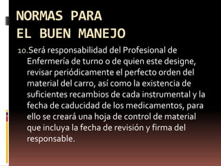 NORMAS PARA EL BUEN MANEJOSerá responsabilidad del Profesional de Enfermería de turno o de quien este designe, revisar periódicamente el perfecto orden del material del carro, así como la existencia de suficientes recambios de cada instrumental y la fecha de caducidad de los medicamentos, para ello se creará una hoja de control de material que incluya la fecha de revisión y firma del responsable.