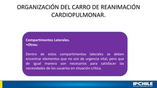 ORGANIZACIÓN DEL CARRO DE REANIMACIÓN
CARDIOPULMONAR.
Compartimentos Laterales.
•Otros:
Dentro de estos compartimentos laterales se deben
encontrar elementos que no son de urgencia vital, pero que
de igual manera son necesarios para satisfacer las
necesidades de los usuarios en situación crítica.
 