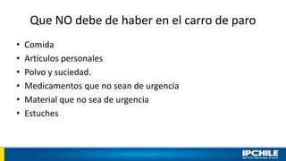 Que NO debe de haber en el carro de paro
• Comida
• Artículos personales
• Polvo y suciedad.
• Medicamentos que no sean de urgencia
• Material que no sea de urgencia
• Estuches
 