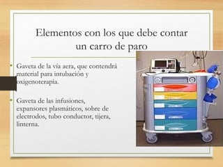 Elementos con los que debe contar
un carro de paro
• Gaveta de la vía aera, que contendrá
material para intubación y
oxigenoterapia.
• Gaveta de las infusiones,
expansores plasmáticos, sobre de
electrodos, tubo conductor, tijera,
linterna.
 