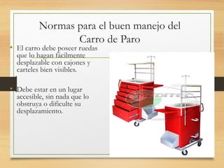 Normas para el buen manejo del
Carro de Paro
• El carro debe poseer ruedas
que lo hagan fácilmente
desplazable con cajones y
carteles bien visibles.
• Debe estar en un lugar
accesible, sin nada que lo
obstruya o dificulte su
desplazamiento.
11
 