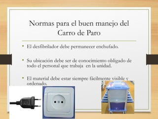 Normas para el buen manejo del
Carro de Paro
• El desfibrilador debe permanecer enchufado.
• Su ubicación debe ser de conocimiento obligado de
todo el personal que trabaja en la unidad.
• El material debe estar siempre fácilmente visible y
ordenado.
 