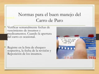 Normas para el buen manejo del
Carro de Paro
Control :
• Verificar semanalmente fechas de
vencimiento de insumos y
medicamentos. Cuando la apertura
del carro es ocasional.
• Registre en la lista de chequeo
respectiva, la fecha de la revisión y
Reposición de los insumos.
 