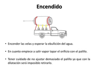 Encendido




• Encender las velas y esperar la ebullición del agua.

• En cuanto empiece a salir vapor tapar el orificio con el palillo.

• Tener cuidado de no ajustar demasiado el palillo ya que con la
  dilatación será imposible retirarlo.
 