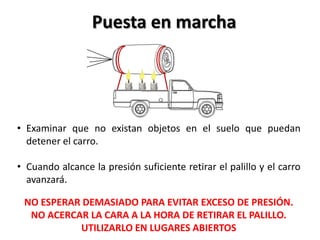Puesta en marcha




• Examinar que no existan objetos en el suelo que puedan
  detener el carro.

• Cuando alcance la presión suficiente retirar el palillo y el carro
  avanzará.

 NO ESPERAR DEMASIADO PARA EVITAR EXCESO DE PRESIÓN.
  NO ACERCAR LA CARA A LA HORA DE RETIRAR EL PALILLO.
           UTILIZARLO EN LUGARES ABIERTOS
 