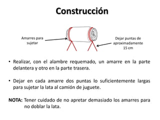 Construcción

     Amarres para                            Dejar puntas de
       sujetar                              aproximadamente
                                                  15 cm


• Realizar, con el alambre requemado, un amarre en la parte
  delantera y otro en la parte trasera.

• Dejar en cada amarre dos puntas lo suficientemente largas
  para sujetar la lata al camión de juguete.

NOTA: Tener cuidado de no apretar demasiado los amarres para
      no doblar la lata.
 