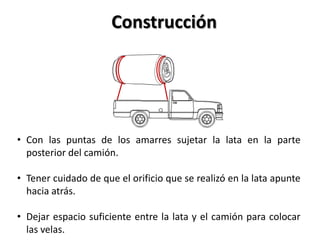 Construcción




• Con las puntas de los amarres sujetar la lata en la parte
  posterior del camión.

• Tener cuidado de que el orificio que se realizó en la lata apunte
  hacia atrás.

• Dejar espacio suficiente entre la lata y el camión para colocar
  las velas.
 