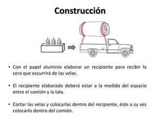 Construcción




• Con el papel aluminio elaborar un recipiente para recibir la
  cera que escurrirá de las velas.

• El recipiente elaborado deberá estar a la medida del espacio
  entre el camión y la lata.

• Cortar las velas y colocarlas dentro del recipiente, éste a su vez
  colocarlo dentro del camión.
 