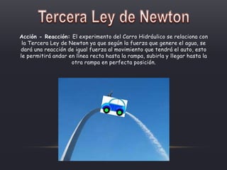 Acción - Reacción: El experimento del Carro Hidráulico se relaciona con
la Tercera Ley de Newton ya que según la fuerza que genere el agua, se
dará una reacción de igual fuerza al movimiento que tendrá el auto, esto
le permitirá andar en línea recta hasta la rampa, subirla y llegar hasta la
otra rampa en perfecta posición.
 