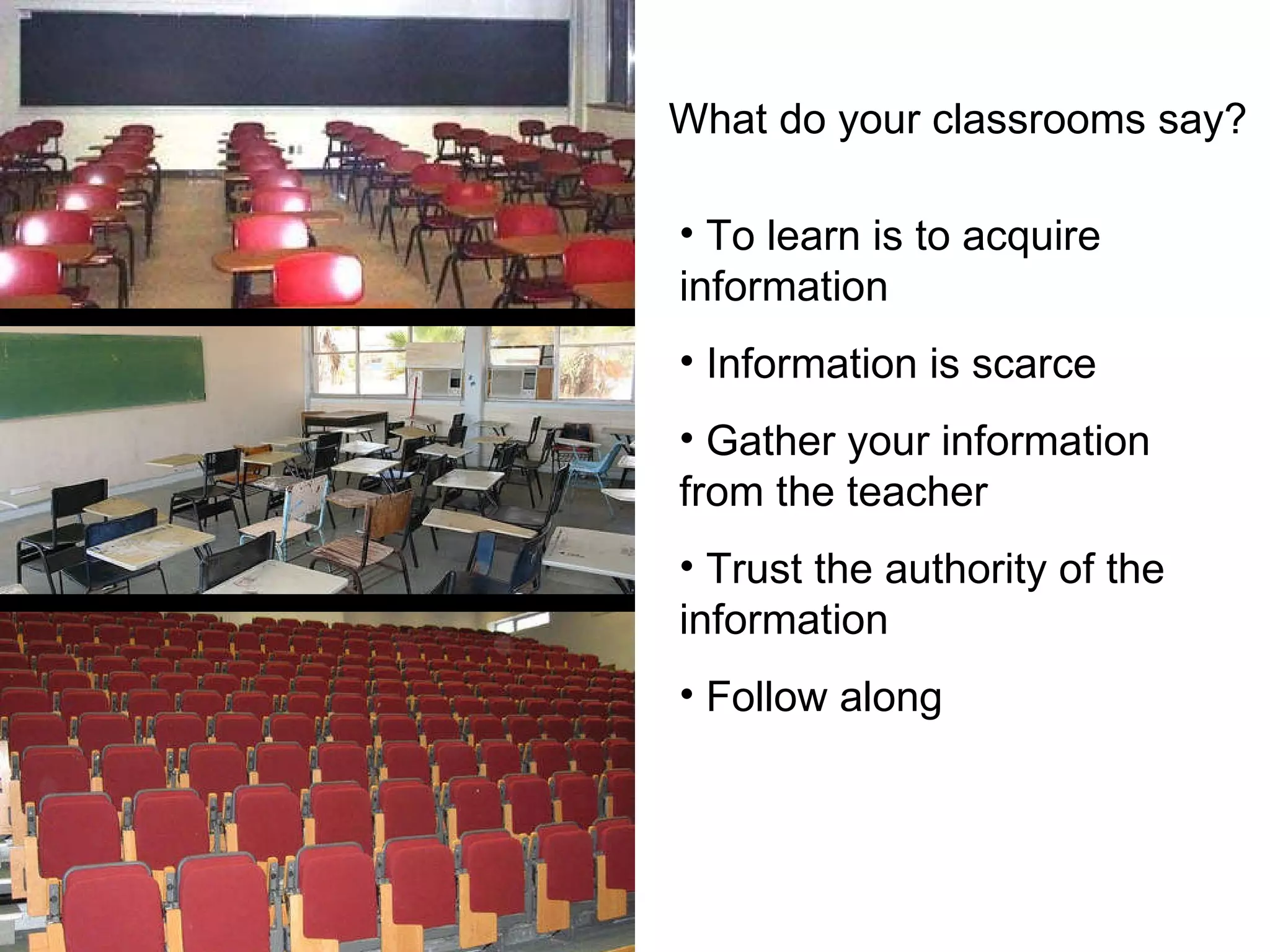 What do your classrooms say? To learn is to acquire information Information is scarce Gather your information from the teacher Trust the authority of the information Follow along 