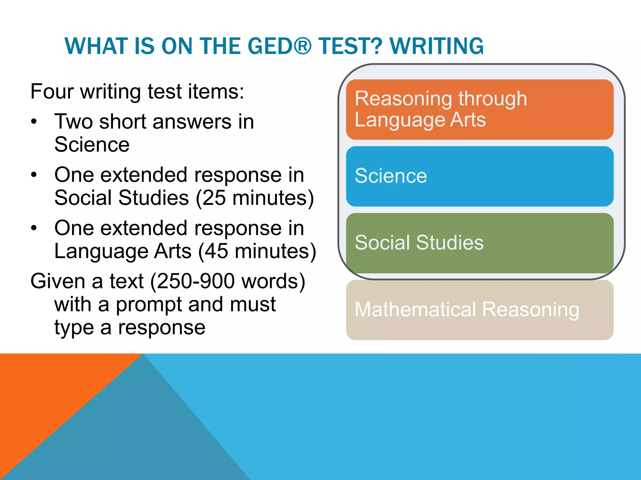 WHAT IS ON THE GED® TEST? WRITING
Four writing test items:
• Two short answers in
Science
• One extended response in
Social Studies (25 minutes)
• One extended response in
Language Arts (45 minutes)
Given a text (250-900 words)
with a prompt and must
type a response
Reasoning through
Language Arts
Science
Social Studies
Mathematical Reasoning
 