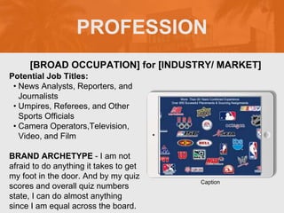 PROFESSION
Potential Job Titles:
• News Analysts, Reporters, and
Journalists
• Umpires, Referees, and Other
Sports Officials
• Camera Operators,Television,
Video, and Film
BRAND ARCHETYPE - I am not
afraid to do anything it takes to get
my foot in the door. And by my quiz
scores and overall quiz numbers
state, I can do almost anything
since I am equal across the board.
[BROAD OCCUPATION] for [INDUSTRY/ MARKET]
Caption
 