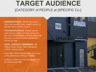 • DEMOGRAPHICS: Sports fans don’t
have any specific race, wealth-status, or
gender which is why I love it.
• PSYCHOGRAPHICS: People spend
hard earned dollars on their teams (to
the tune of $56 Billion in 2018) which can
be scary considering how expensive
things can get.
• IDEAL AUDIENCE MEMBERS: Nik
Wilson intern Sioux Falls Stampede
(USHL hockey team)
• Paul Allen Radio broadcaster and voice
of the Minnesota Vikings Football
• Anthony LaPan ta on-air brodcaster for
the Minnesota Wild
[CATEGORY of PEOPLE at [SPECIFIC Co.]
TARGET AUDIENCE
 