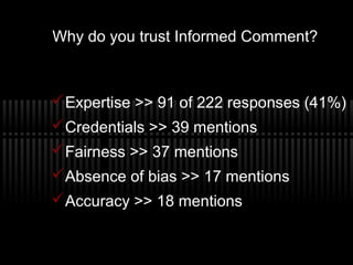 Why do you trust Informed Comment?
Expertise >> 91 of 222 responses (41%)
Credentials >> 39 mentions
Fairness >> 37 men...