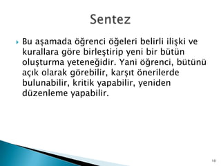 Bu aĢamada öğrenci öğeleri belirli iliĢki ve
kurallara göre birleĢtirip yeni bir bütün
oluĢturma yeteneğidir. Yani öğrenci, bütünü
açık olarak görebilir, karĢıt önerilerde
bulunabilir, kritik yapabilir, yeniden
düzenleme yapabilir.
10
 