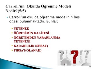  Carroll‟un okulda öğrenme modelinin beĢ
öğesi bulunmaktadır. Bunlar;
18
 