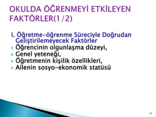 I. Öğretme-öğrenme Süreciyle Doğrudan
GeliĢtirilemeyecek Faktörler
 Öğrencinin olgunlaĢma düzeyi,
 Genel yeteneği,
 Öğretmenin kiĢilik özellikleri,
 Ailenin sosyo-ekonomik statüsü
24
 