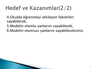 4.Okulda öğrenmeyi etkileyen faktörleri
sayabilecek,
5.Modelin olumlu yanlarını sayabilecek,
6.Modelin olumsuz yanlarını sayabileceksiniz.
3
 